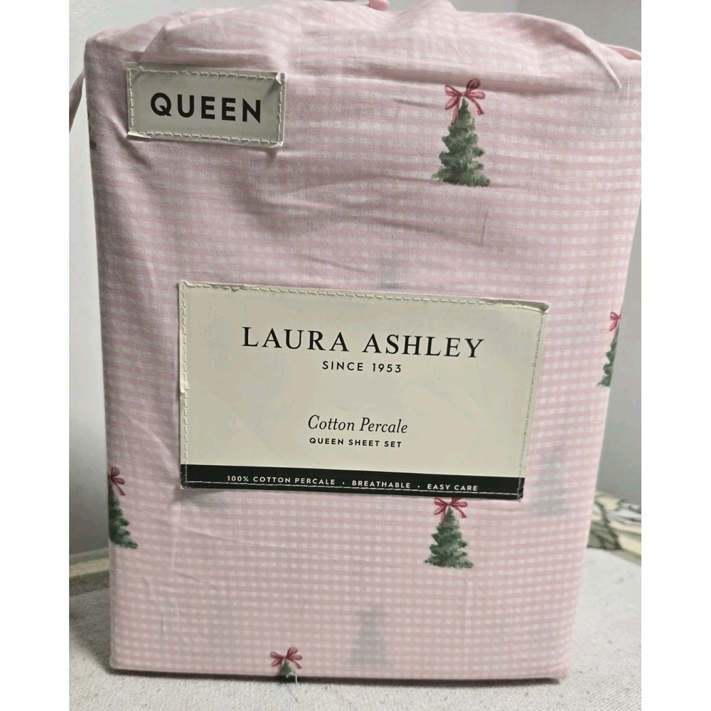 Laura Ashley 100% Cotton‎ Percale QUEEN Sheet set Red Christmas Tree Bow Holiday